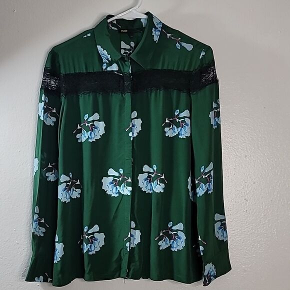 Maje Green Silk Blend Black Lace Floral Printed Top - Picture 1 of 9